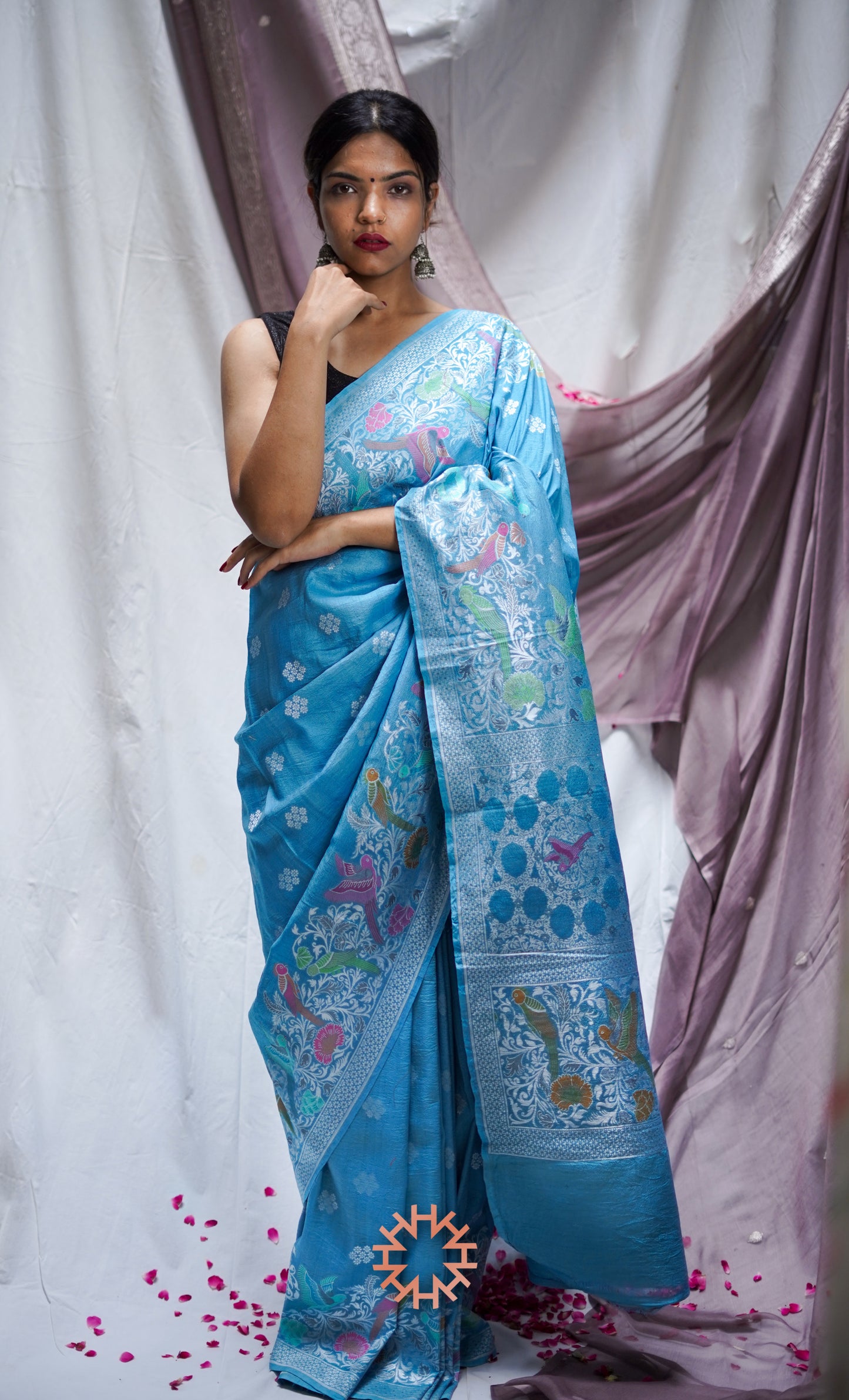 Blue Tusser Georgette Shikargah Banarasi Saree