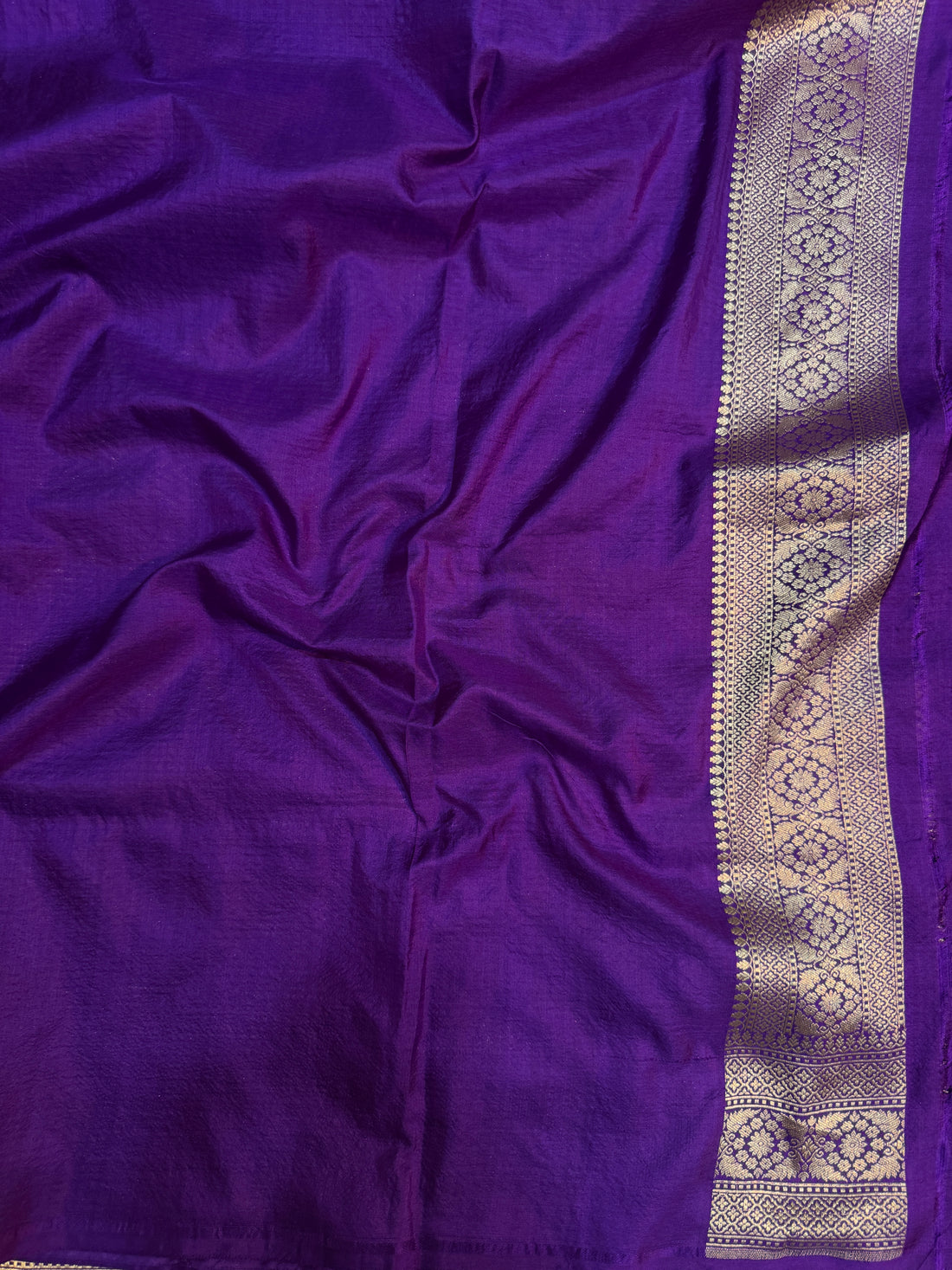 Purple pure Katan silk Banarasi saree drape showing border and blouse fabric