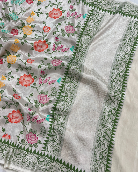 Ash White Tissue Tusser Georgette Banarasi Saree