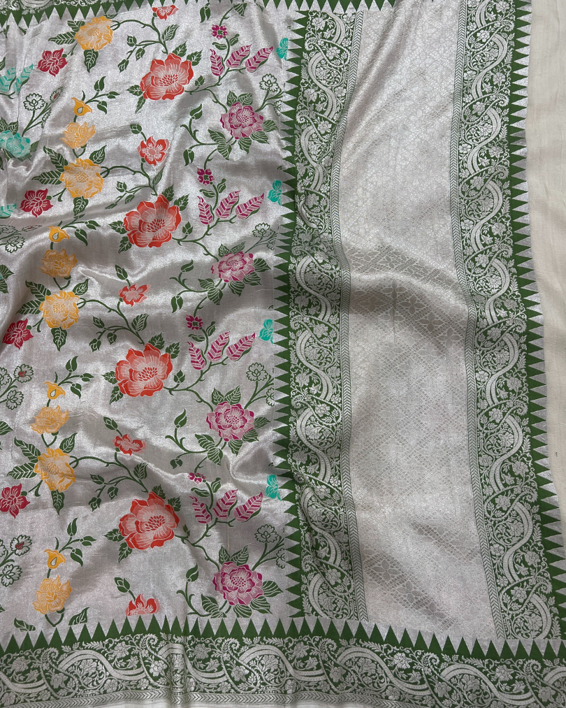 Ash White Tissue Tusser Georgette Banarasi Saree