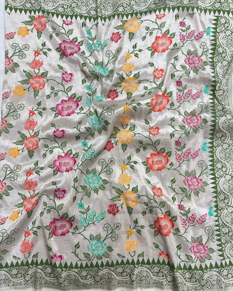 Ash White Tissue Tusser Georgette Banarasi Saree