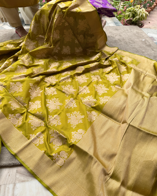 Yellow-Green Pure Banarasi Katan Silk Saree