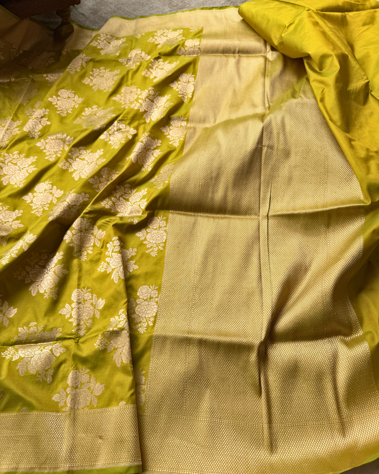 Yellow-Green Pure Banarasi Katan Silk Saree
