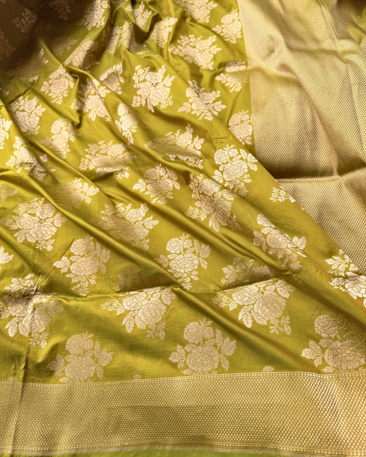 Yellow-Green Pure Banarasi Katan Silk Saree