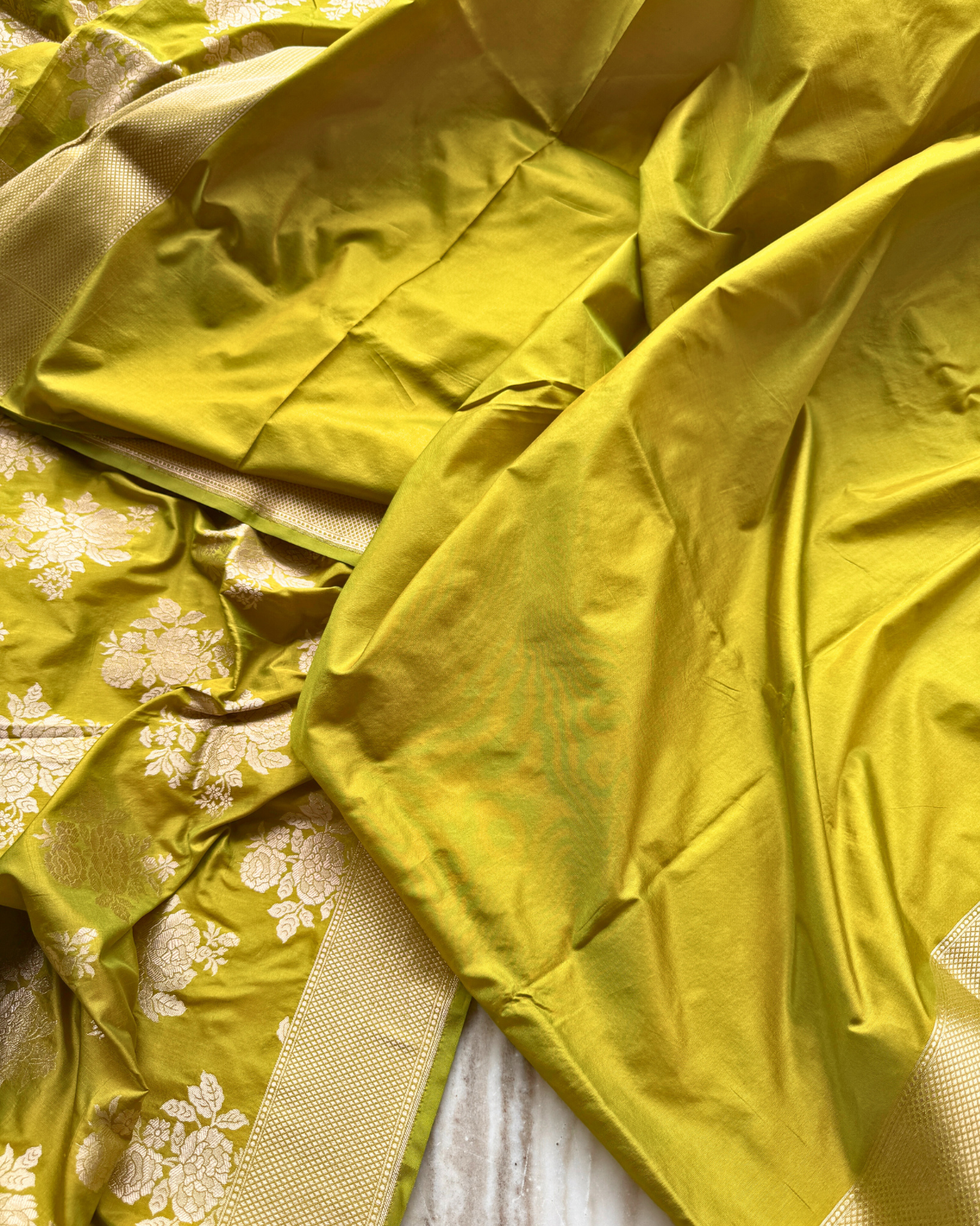 Yellow-Green Pure Banarasi Katan Silk Saree