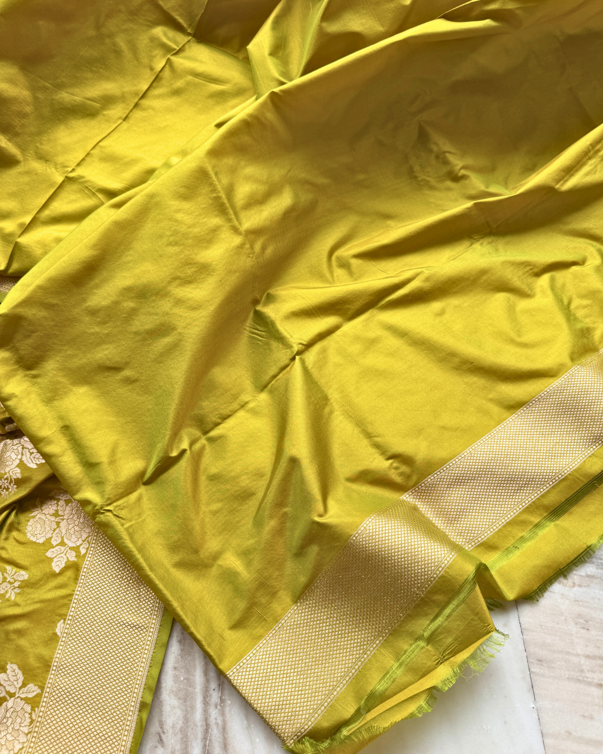 Yellow-Green Pure Banarasi Katan Silk Saree