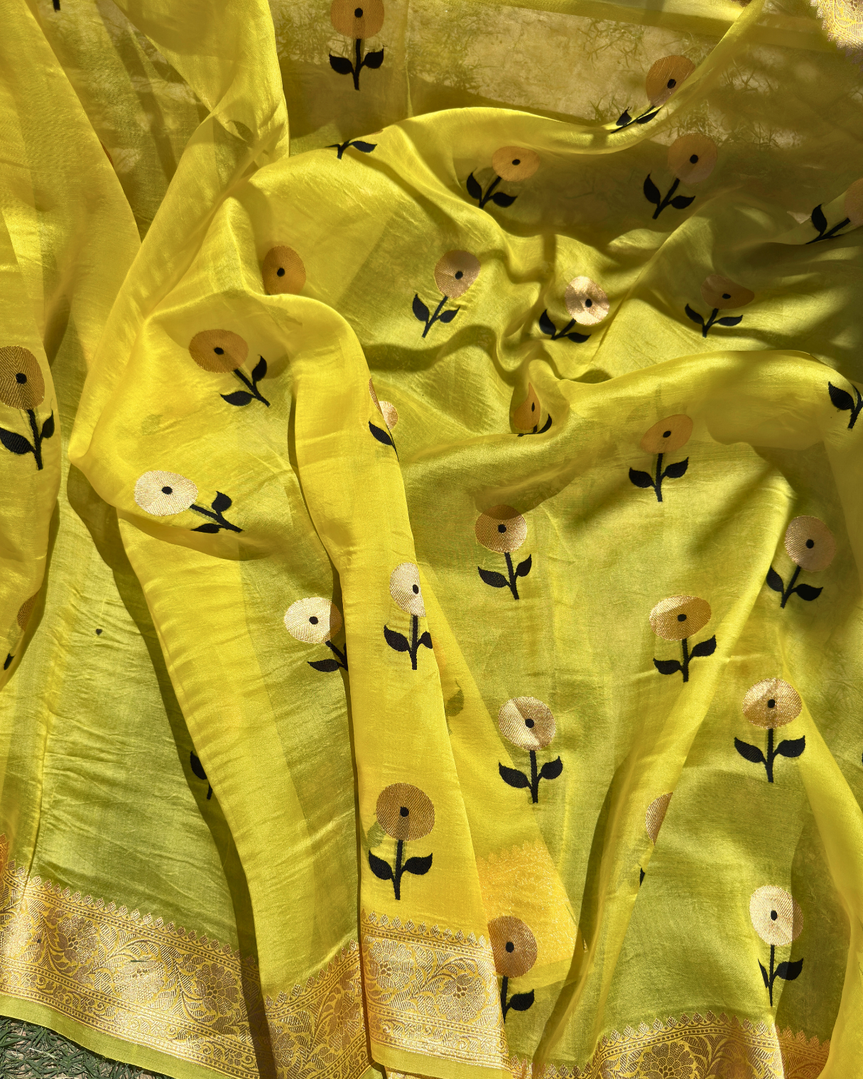 Yellow Pure Banarasi Kora Silk Saree