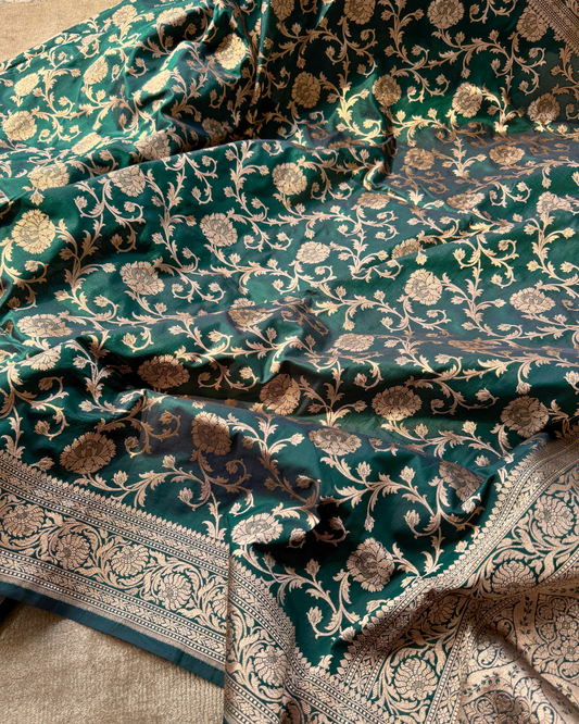 Dark Green Pure Banarasi Katan Silk Saree
