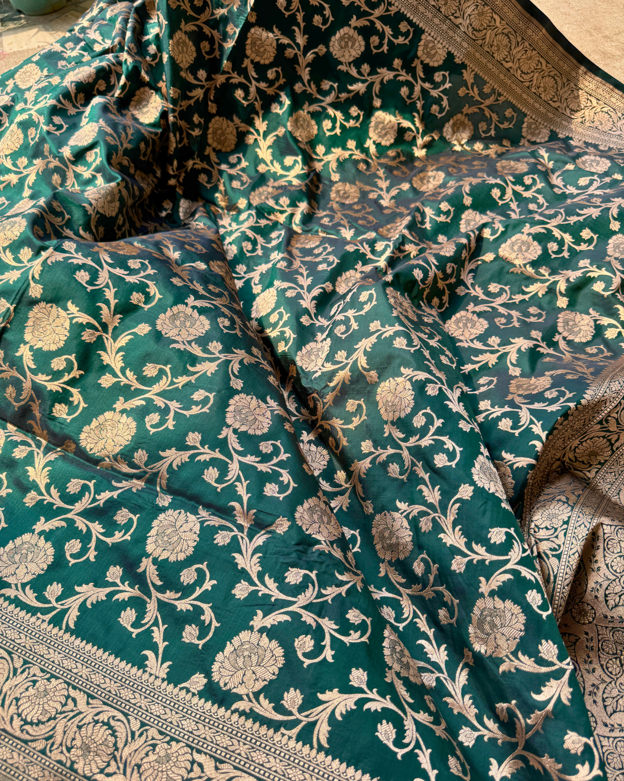 Dark Green Pure Banarasi Katan Silk Saree