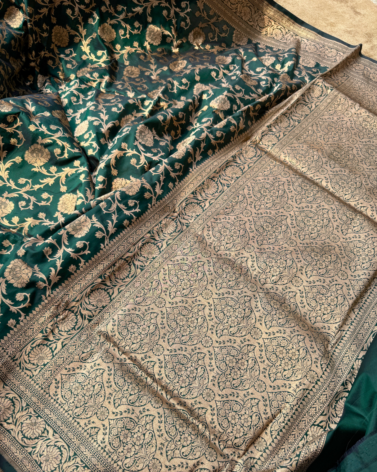 Dark Green Pure Banarasi Katan Silk Saree