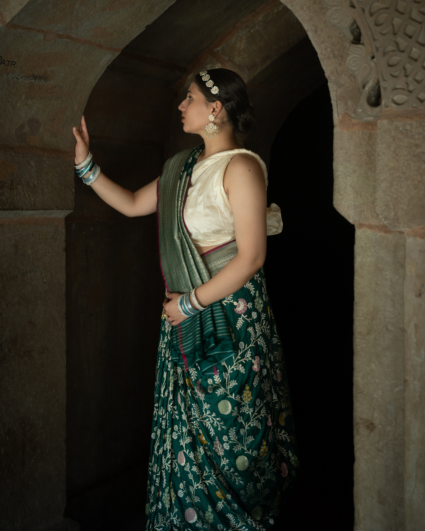 Forest Green Meenakari Katan Silk Banarasi Handloom Saree