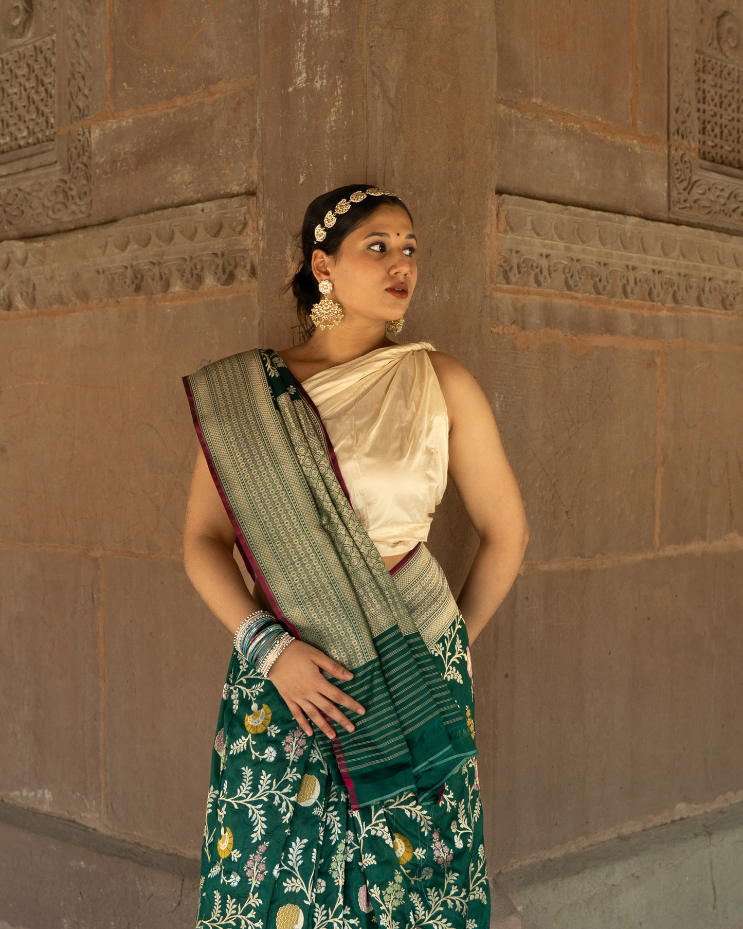 Forest Green Meenakari Katan Silk Banarasi Handloom Saree