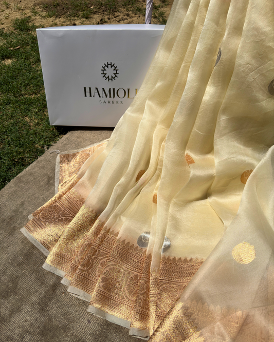 White-Gold Chand Tara Pure Banarasi Kora Silk Saree