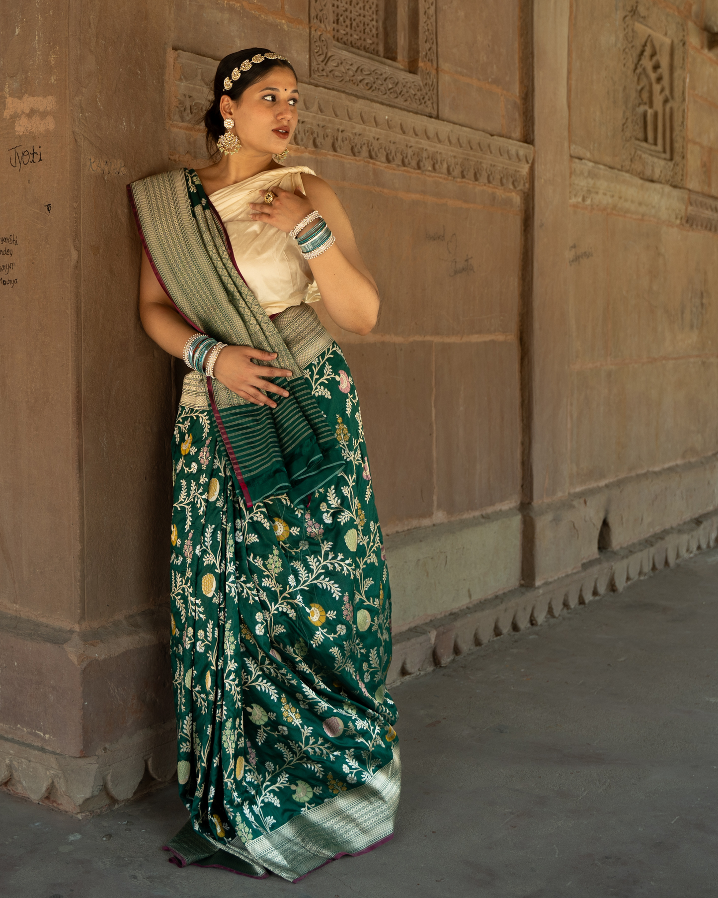 Forest Green Meenakari Katan Silk Banarasi Handloom Saree