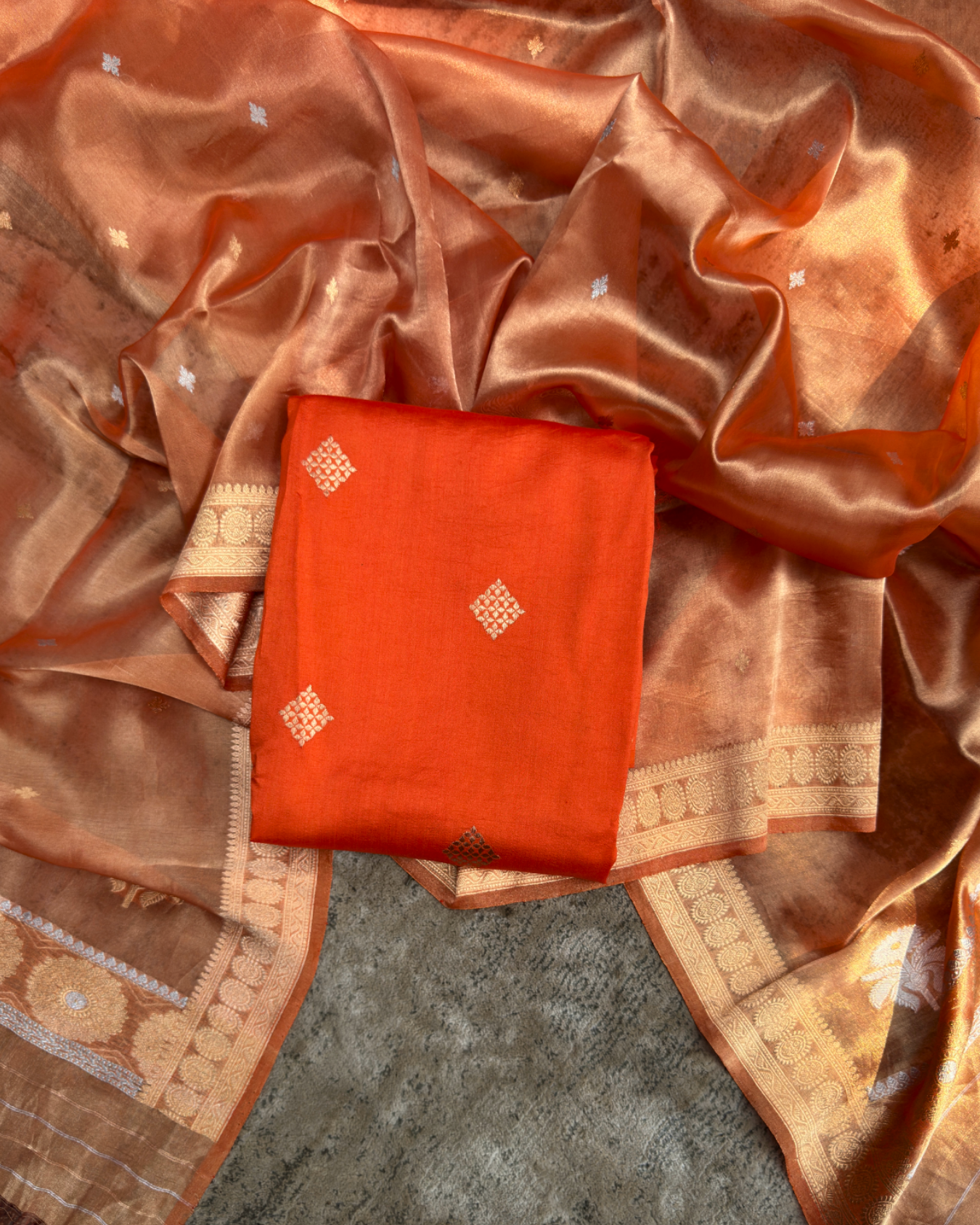 Orange Pure Silk Handloom Suit Set with Handwoven Dupatta