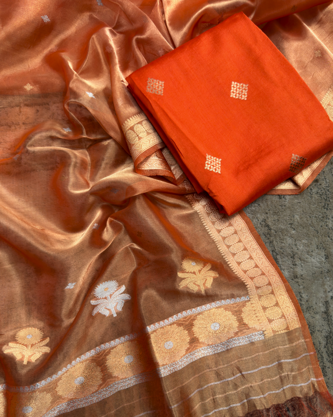 Orange Pure Silk Handloom Suit Set with Handwoven Dupatta