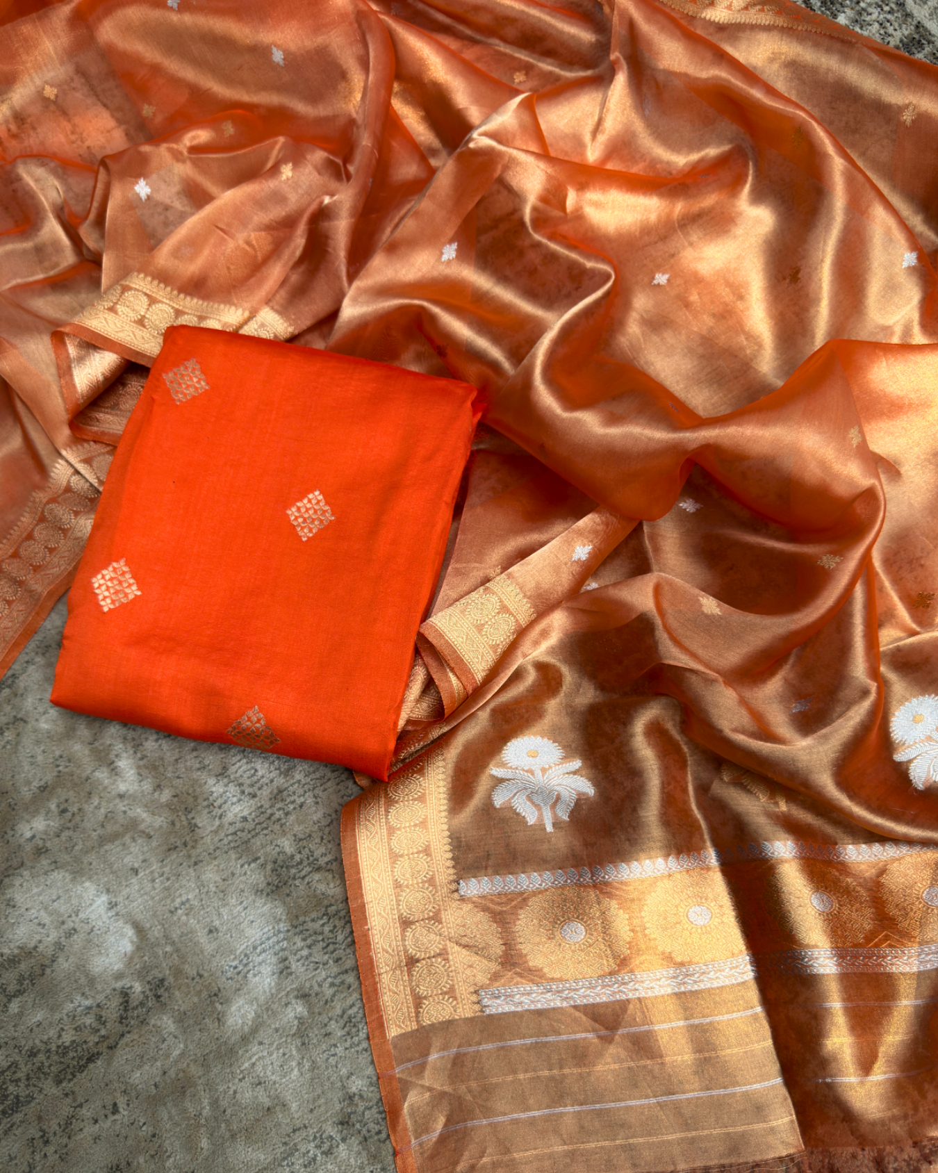 Orange Pure Silk Handloom Suit Set with Handwoven Dupatta