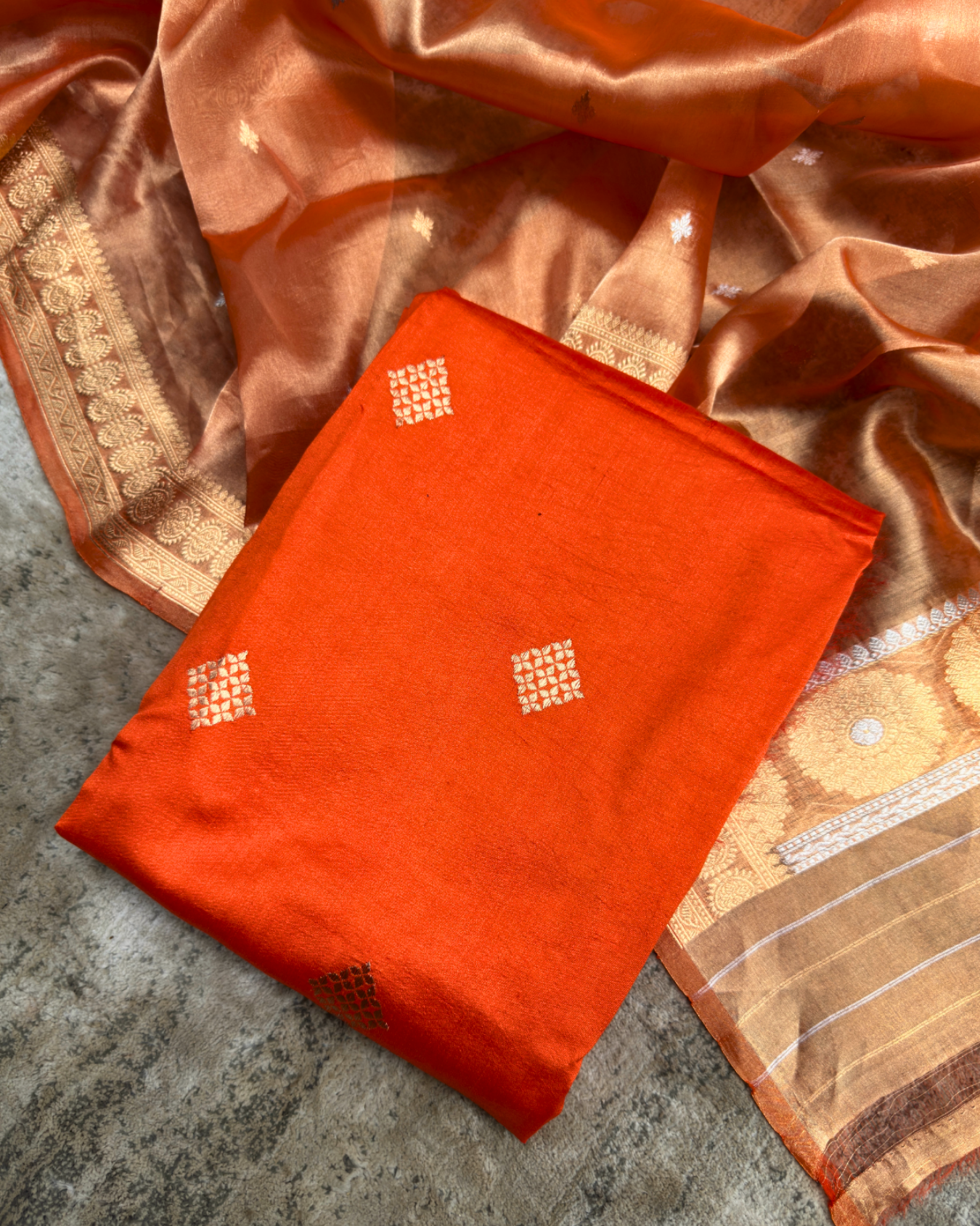 Orange Pure Silk Handloom Suit Set with Handwoven Dupatta