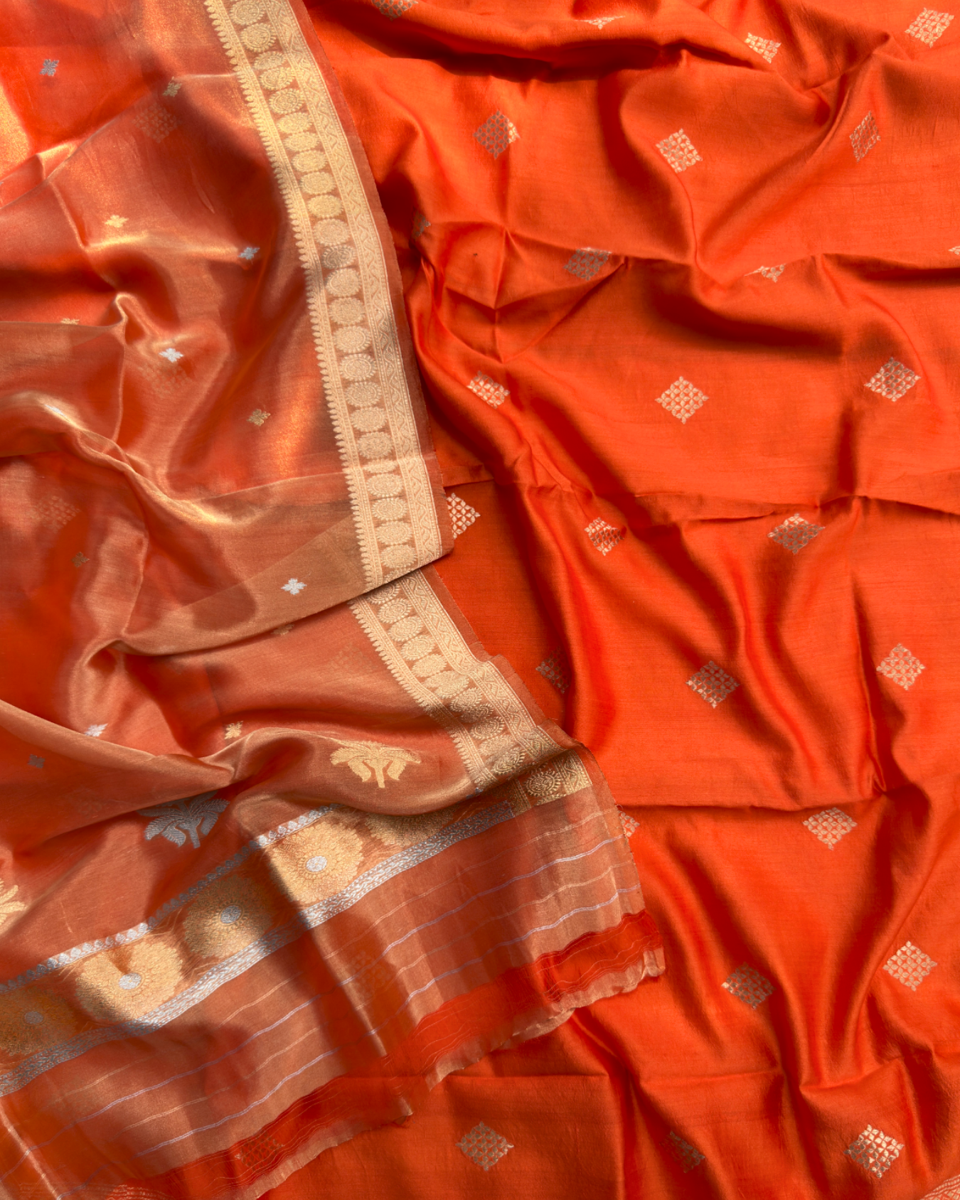Orange Pure Silk Handloom Suit Set with Handwoven Dupatta