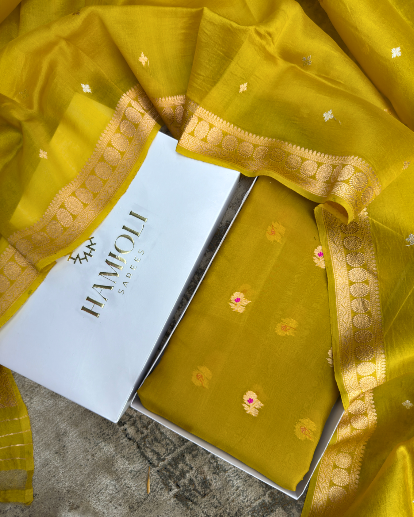 Yellow Pure Banarasi Kora Silk Meenakari Suit Set with Dupatta