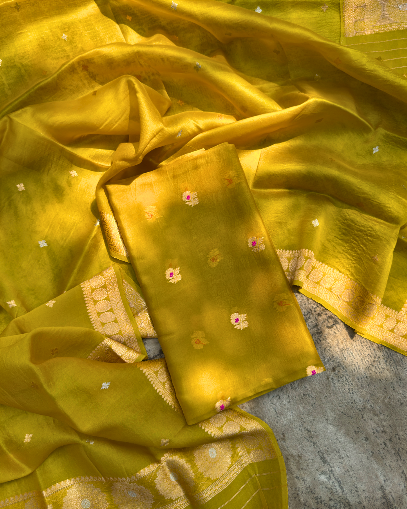Yellow Pure Banarasi Kora Silk Meenakari Suit Set with Dupatta