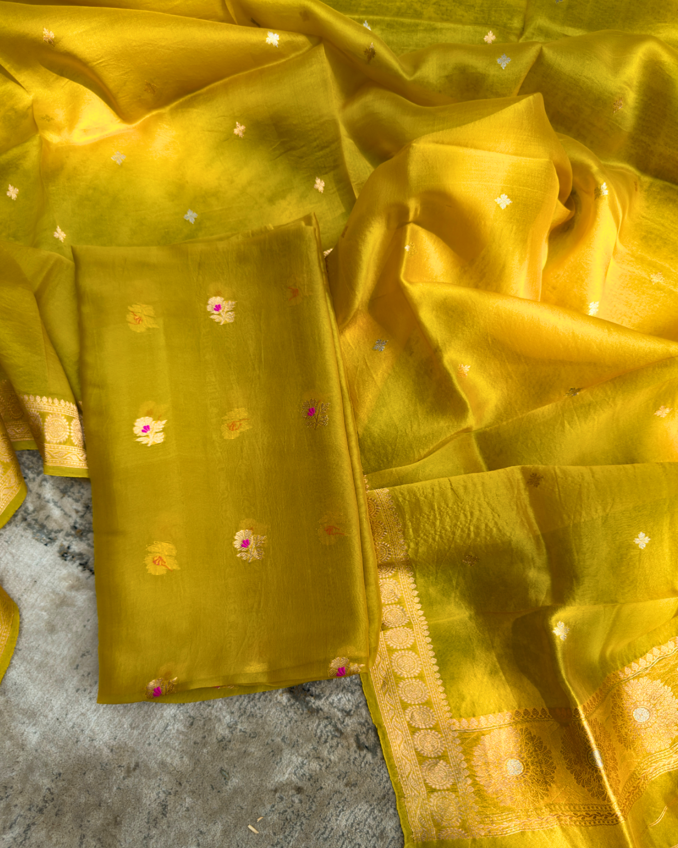 Yellow Pure Banarasi Kora Silk Meenakari Suit Set with Dupatta