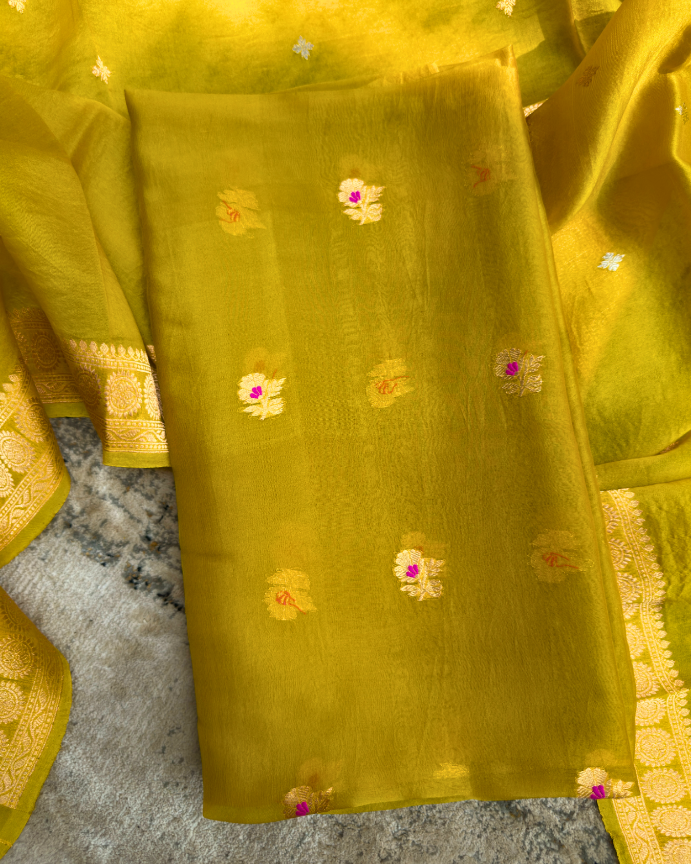 Yellow Pure Banarasi Kora Silk Meenakari Suit Set with Dupatta