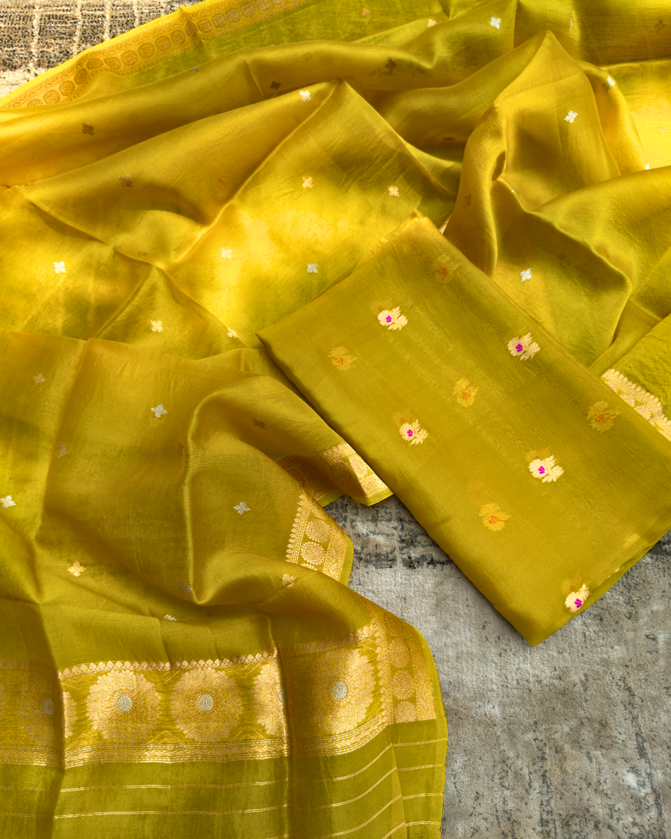 Yellow Pure Banarasi Kora Silk Meenakari Suit Set with Dupatta