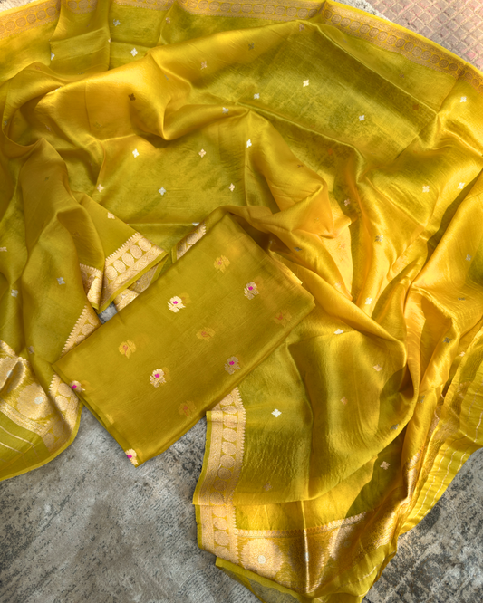 Yellow Pure Banarasi Kora Silk Meenakari Suit Set with Dupatta