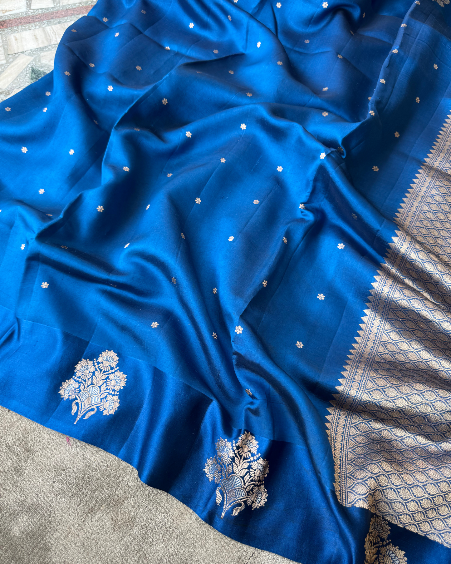 Blue Pure Banarasi Mulberry Mango Soft Silk Saree