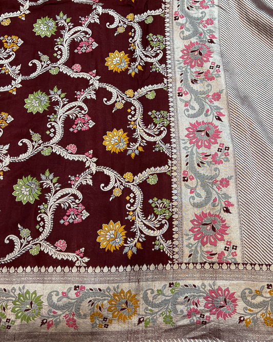 Mahroon Tissue Tusser Georgette Banarasi Jaal Saree