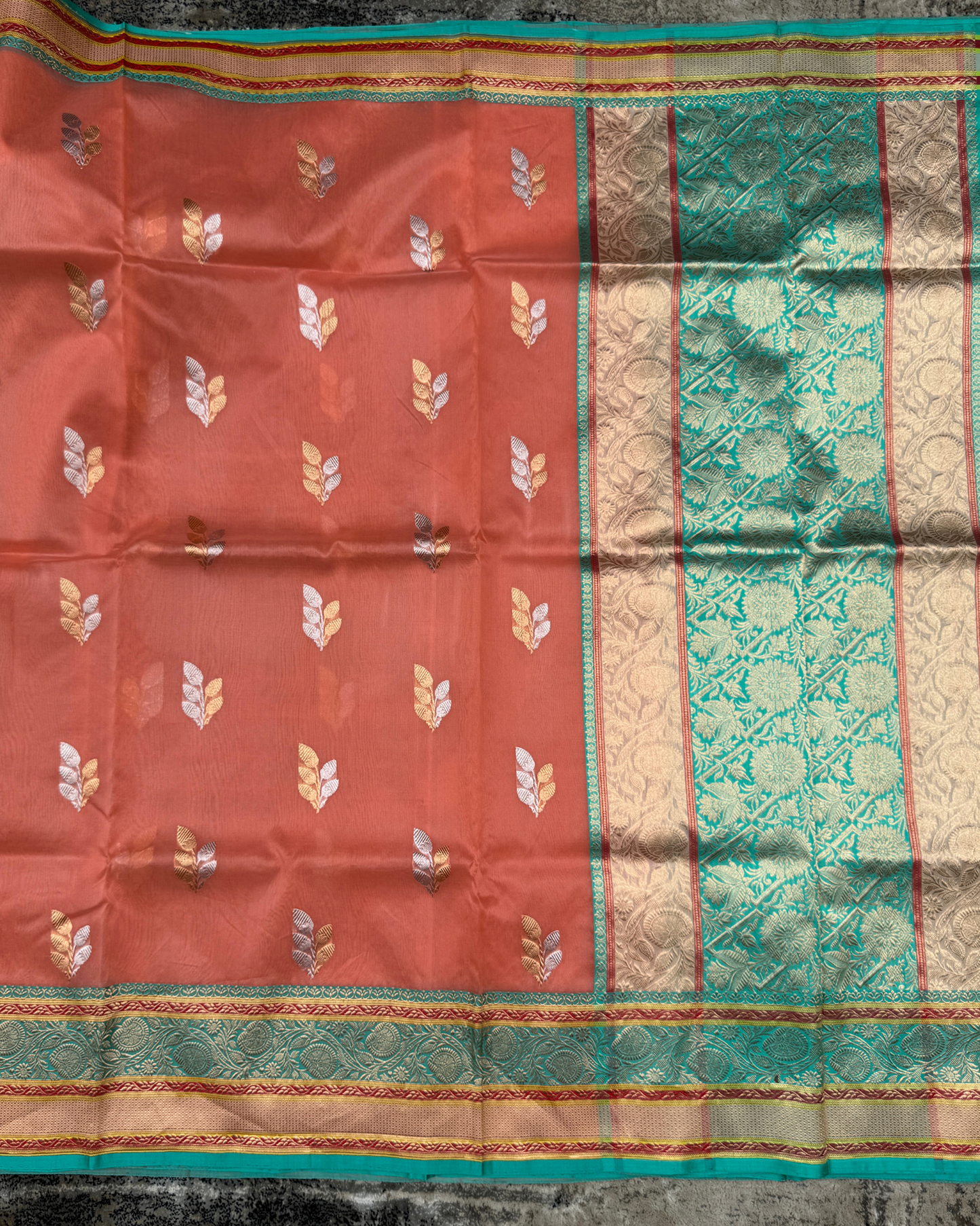 Peach Banarasi Handloom Double Kora Katan Handloom Saree