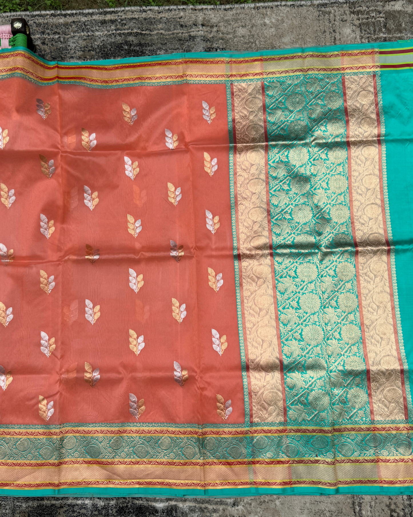 Peach Banarasi Handloom Double Kora Katan Handloom Saree