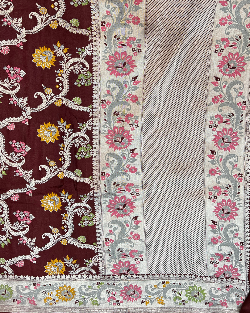 Mahroon Tissue Tusser Georgette Banarasi Jaal Saree