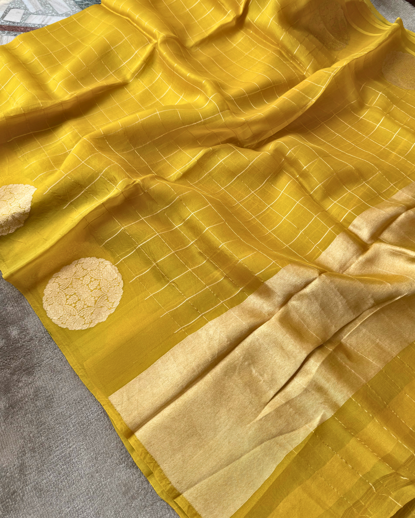 Yellow Pure Kora Silk Saree