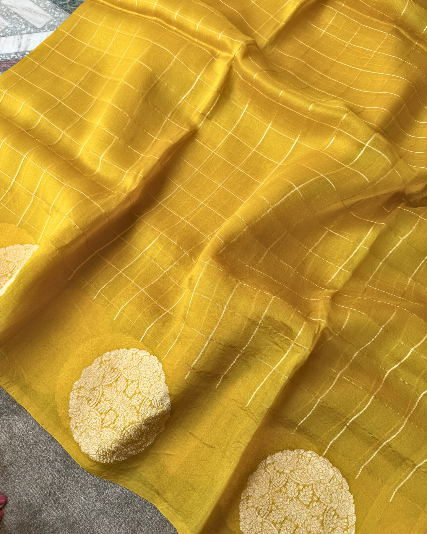 Yellow Pure Kora Silk Saree