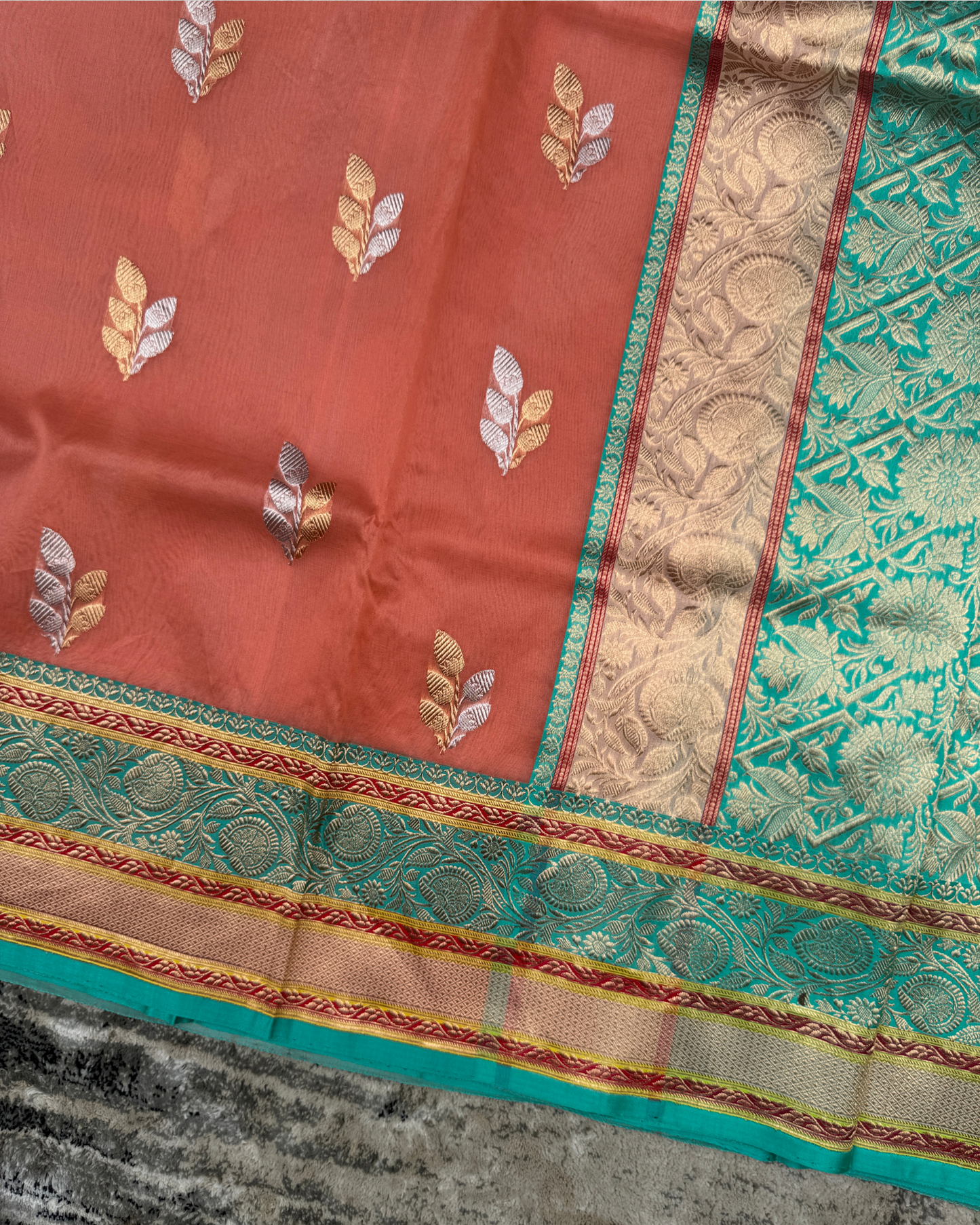 Peach Banarasi Handloom Double Kora Katan Handloom Saree