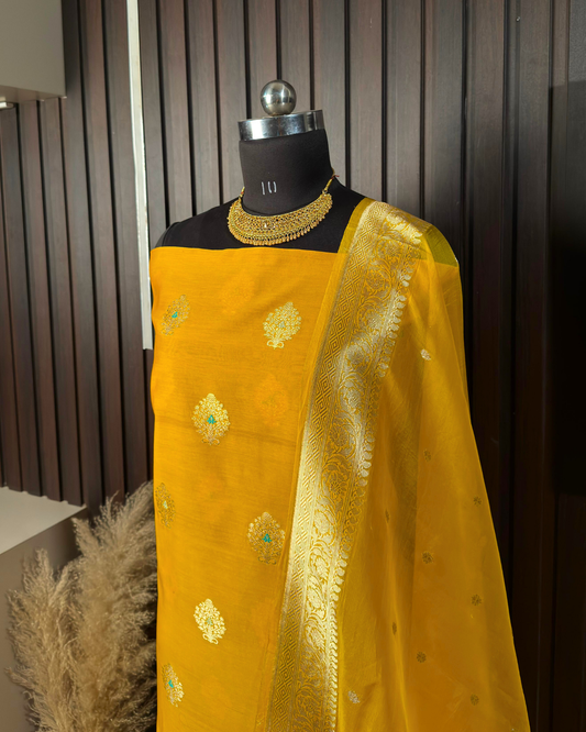 Yellow Pure Banarasi Mercerised Kora Handloom Kadwa Suit Set with Dupatta