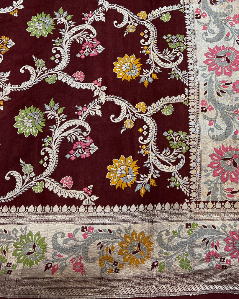 Mahroon Tissue Tusser Georgette Banarasi Jaal Saree
