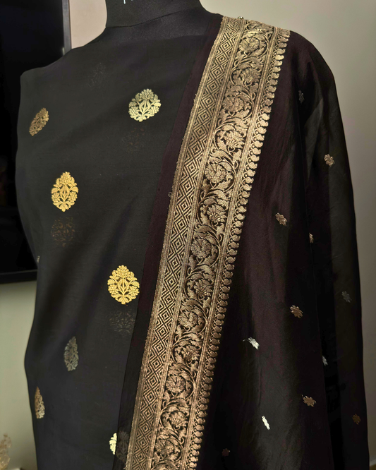 Black Pure Banarasi Mercerised Kora Handloom Kadwa Suit Set with Dupatta