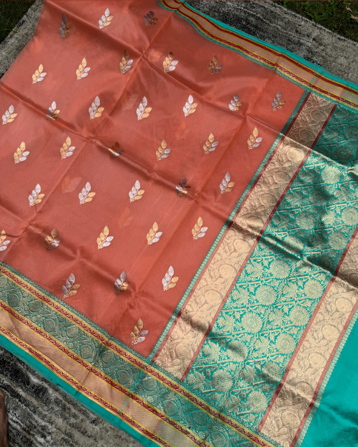 Peach Banarasi Handloom Double Kora Katan Handloom Saree
