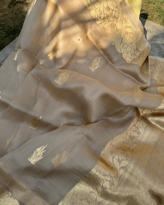 Camel Brown Pure Banarasi Kora Silk Saree