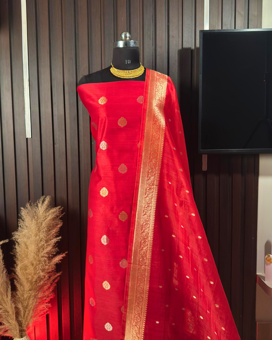 Red Pure Banarasi Mercerised Kora Handloom Kadwa Suit Set with Dupatta