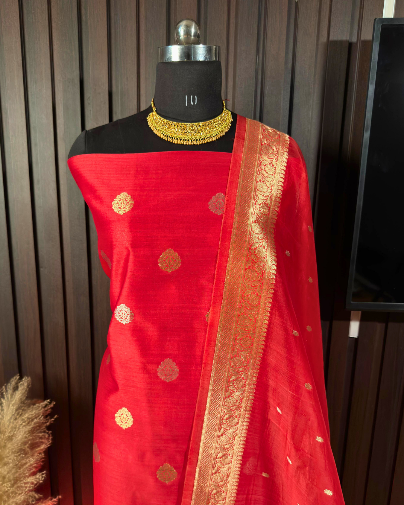 Red Pure Banarasi Mercerised Kora Handloom Kadwa Suit Set with Dupatta