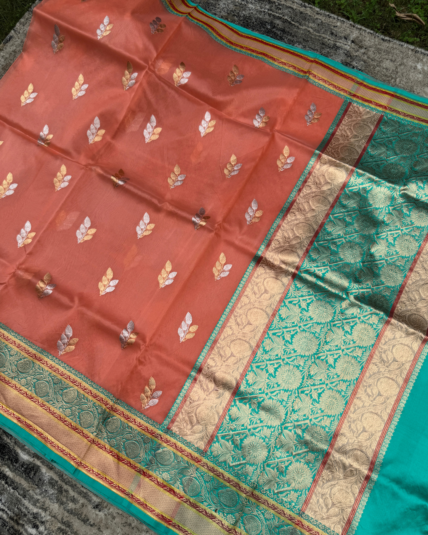 Peach Banarasi Handloom Double Kora Katan Handloom Saree