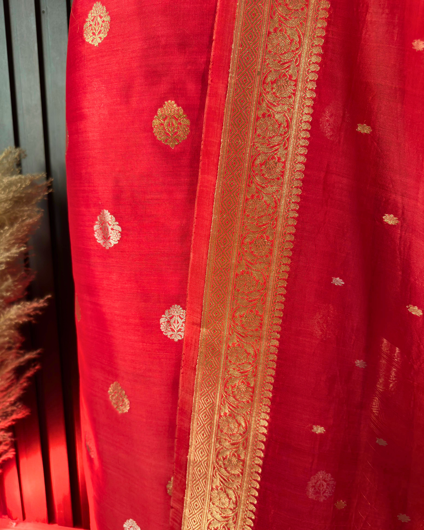 Red Pure Banarasi Mercerised Kora Handloom Kadwa Suit Set with Dupatta