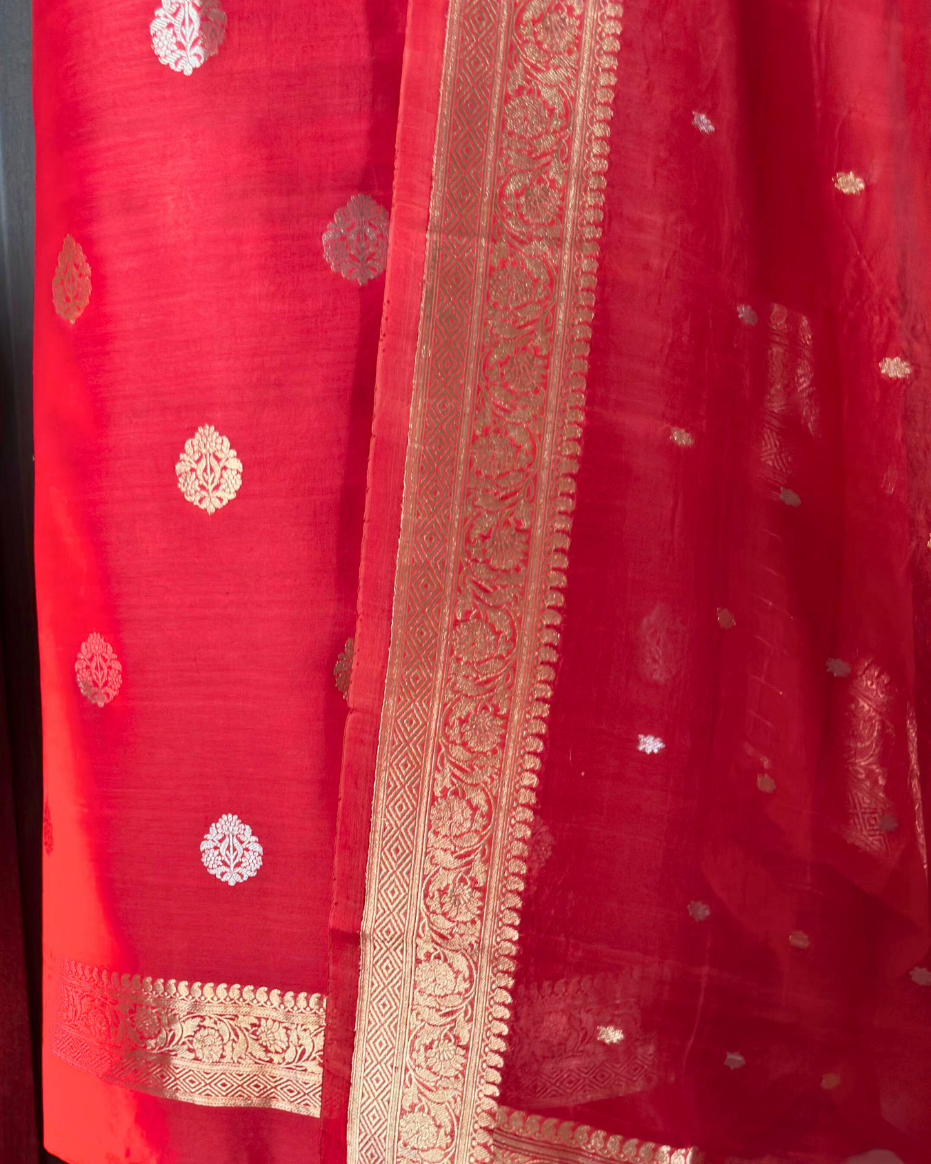 Red Pure Banarasi Mercerised Kora Handloom Kadwa Suit Set with Dupatta