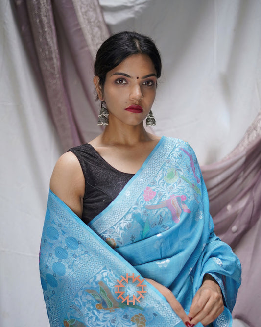 Blue Tusser Georgette Shikargah Banarasi Saree