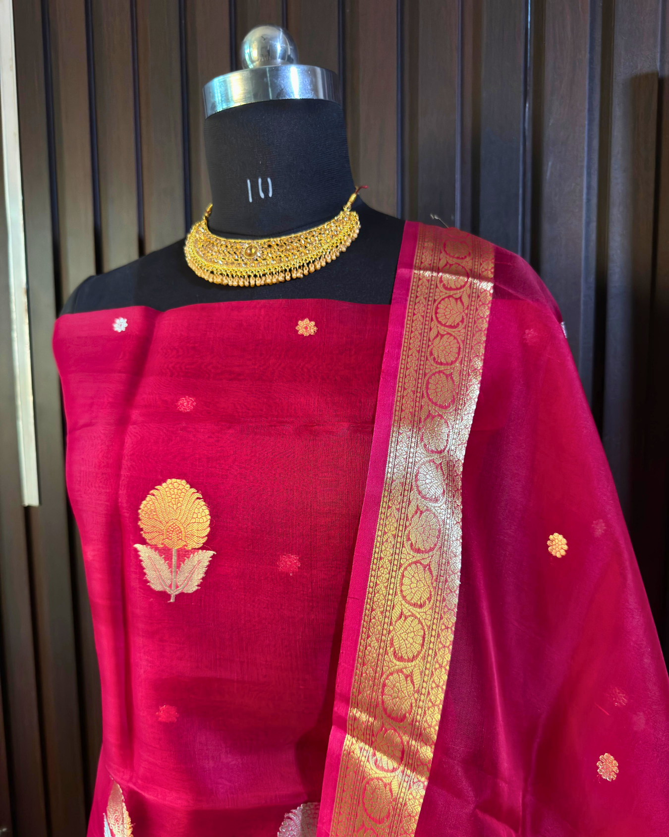 Deep Pink Pure Banarasi Kora Silk Suit Set with Dupatta