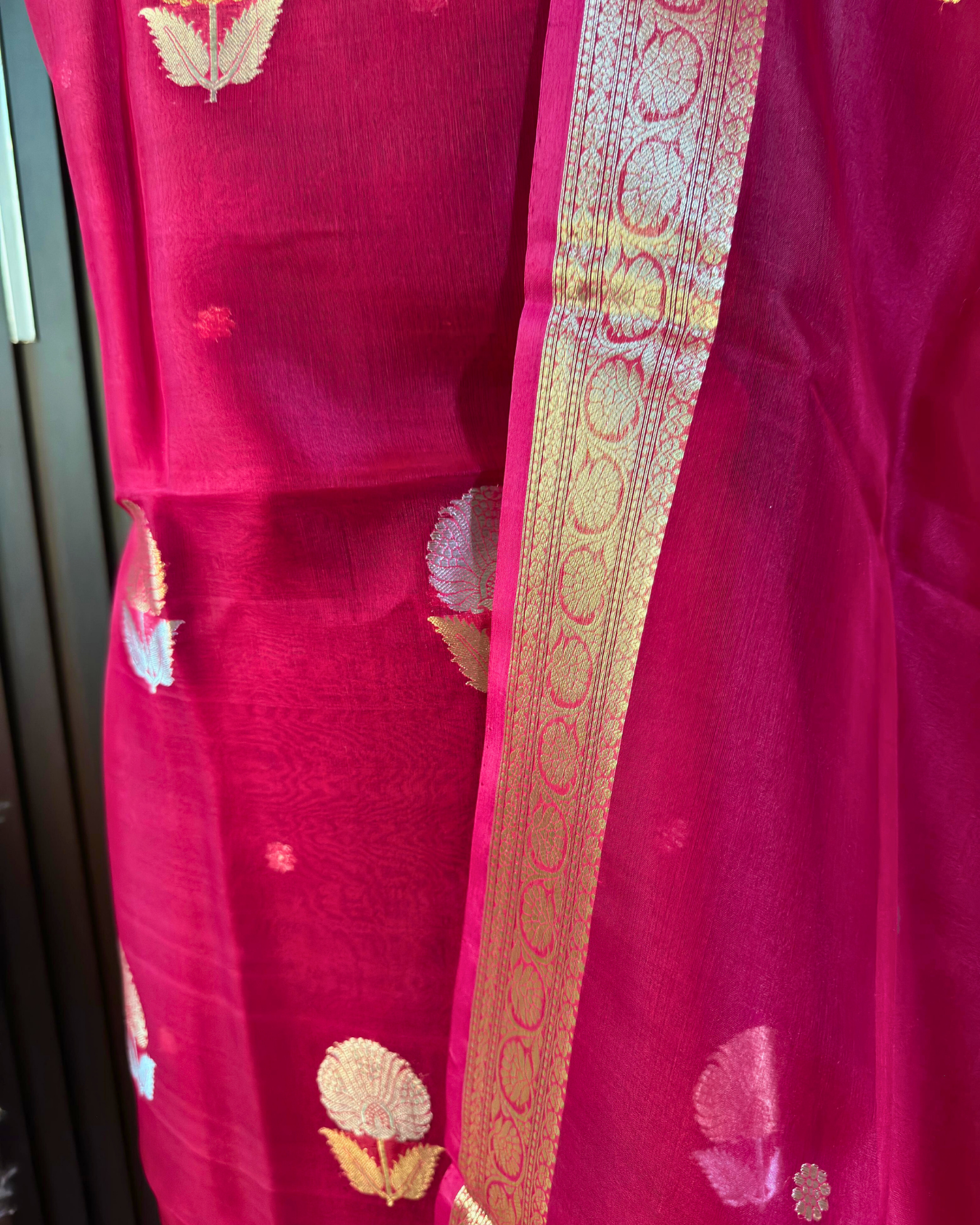 Deep Pink Pure Banarasi Kora Silk Suit Set with Dupatta